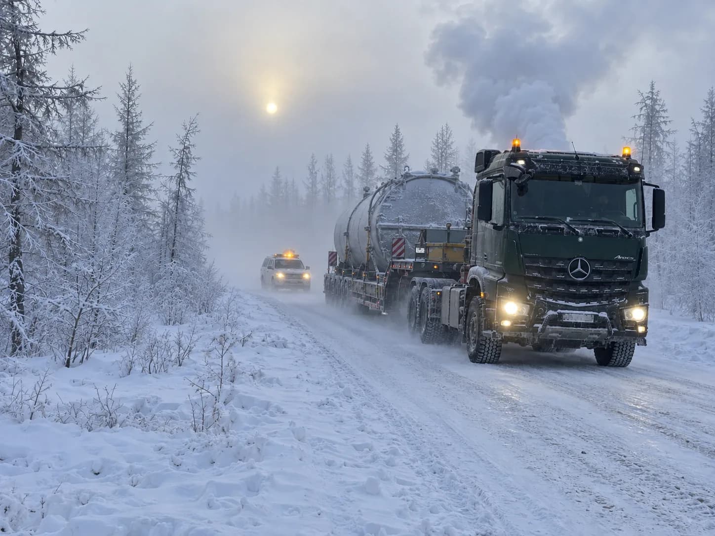 Тягач 6×6 с ёмкостью на трале и машина сопровождения на зимней дороге в Якутии