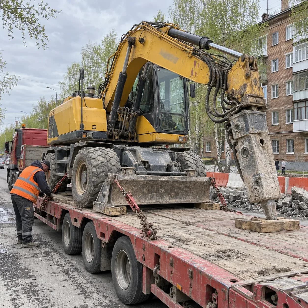 Колёсный экскаватор с гидромолотом закрепляют цепями на трале на городской улице