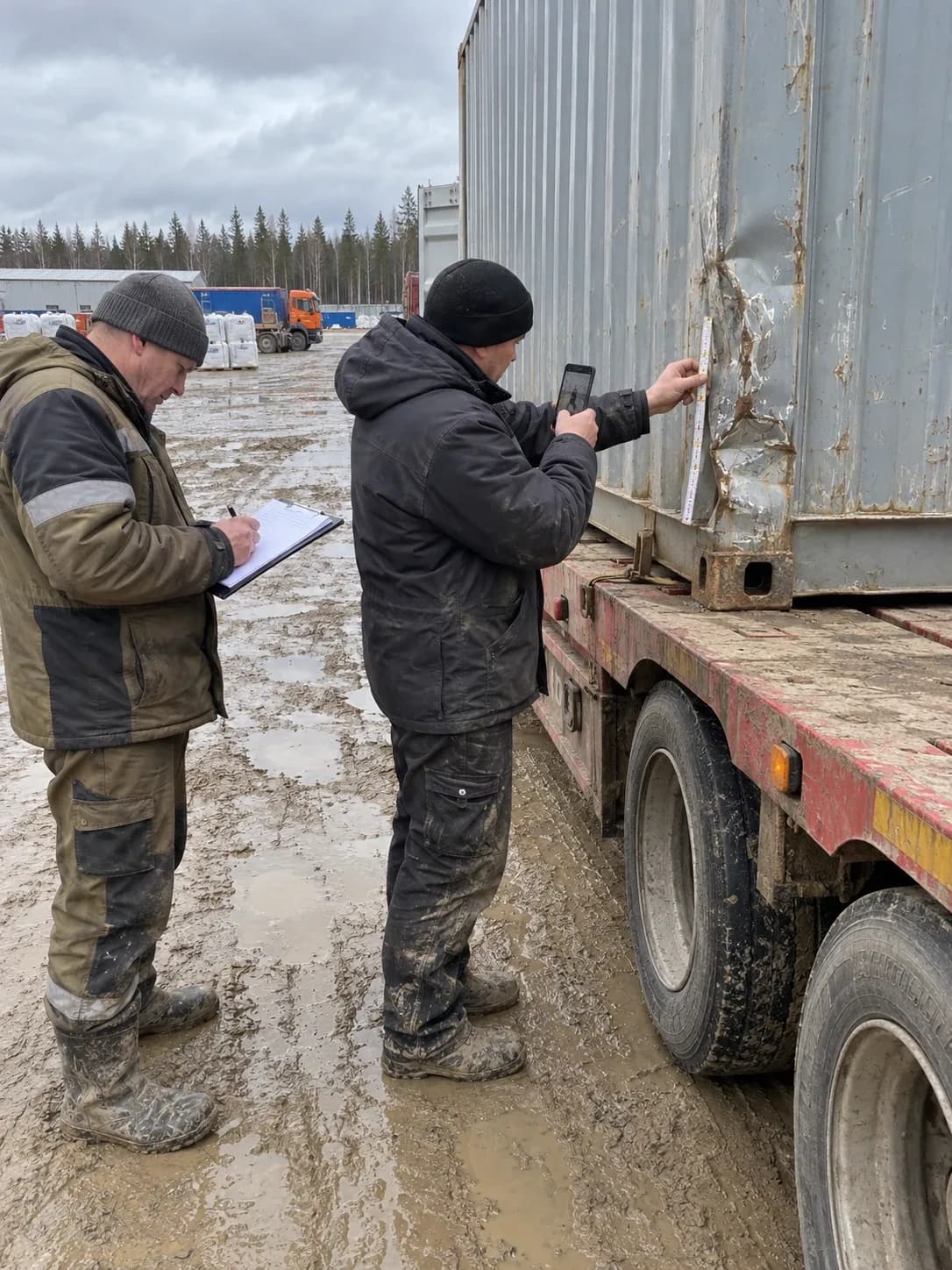Сюрвейер фотографирует вмятину на контейнере, второй заполняет акт
