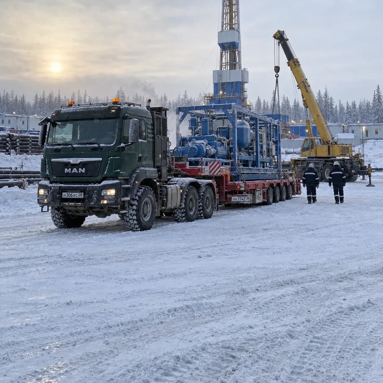 Перевозка бурового оборудования: модуль буровой установки на трале на кустовой площадке