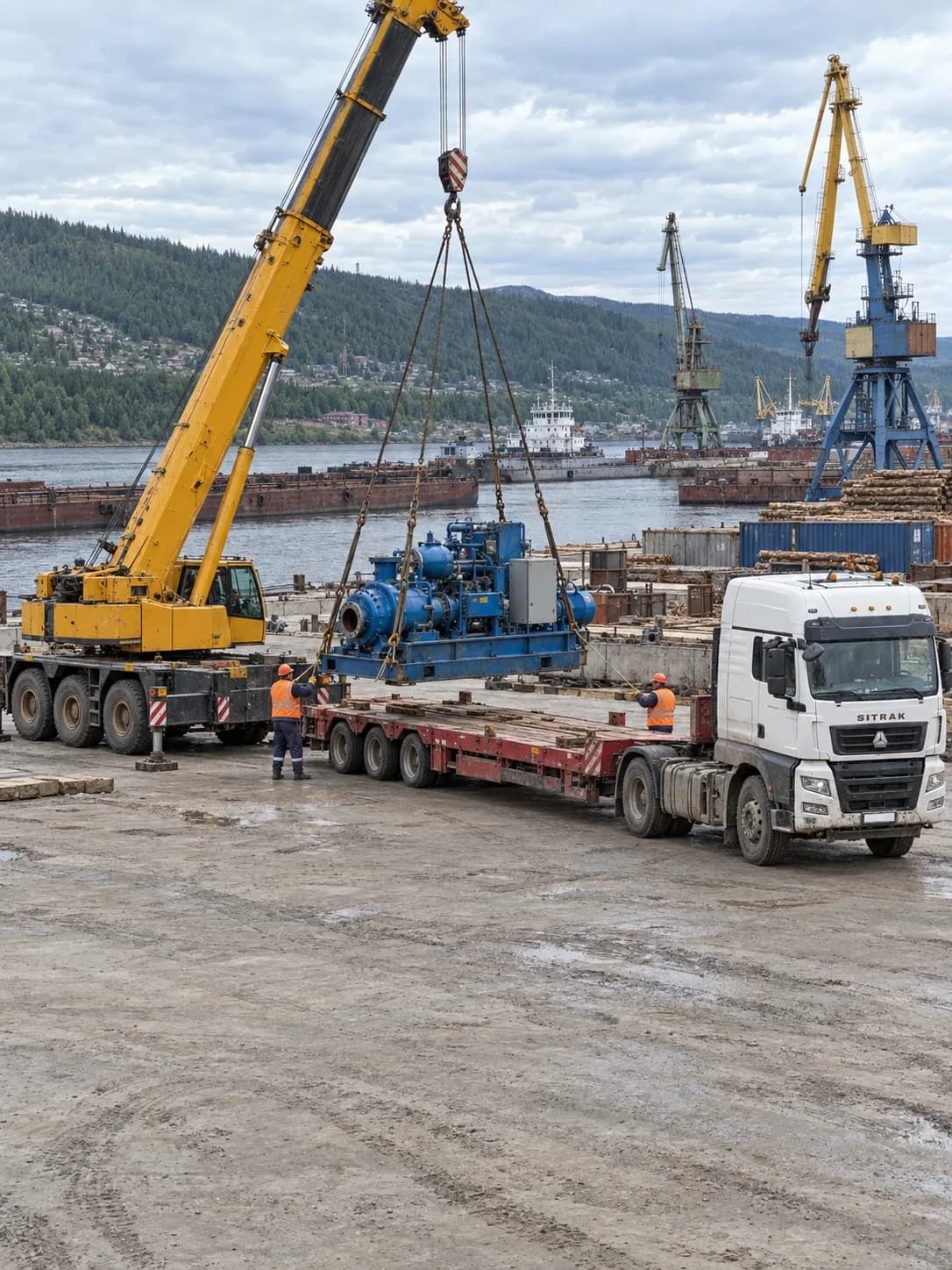 Автокран грузит насосный блок на трал в речном порту